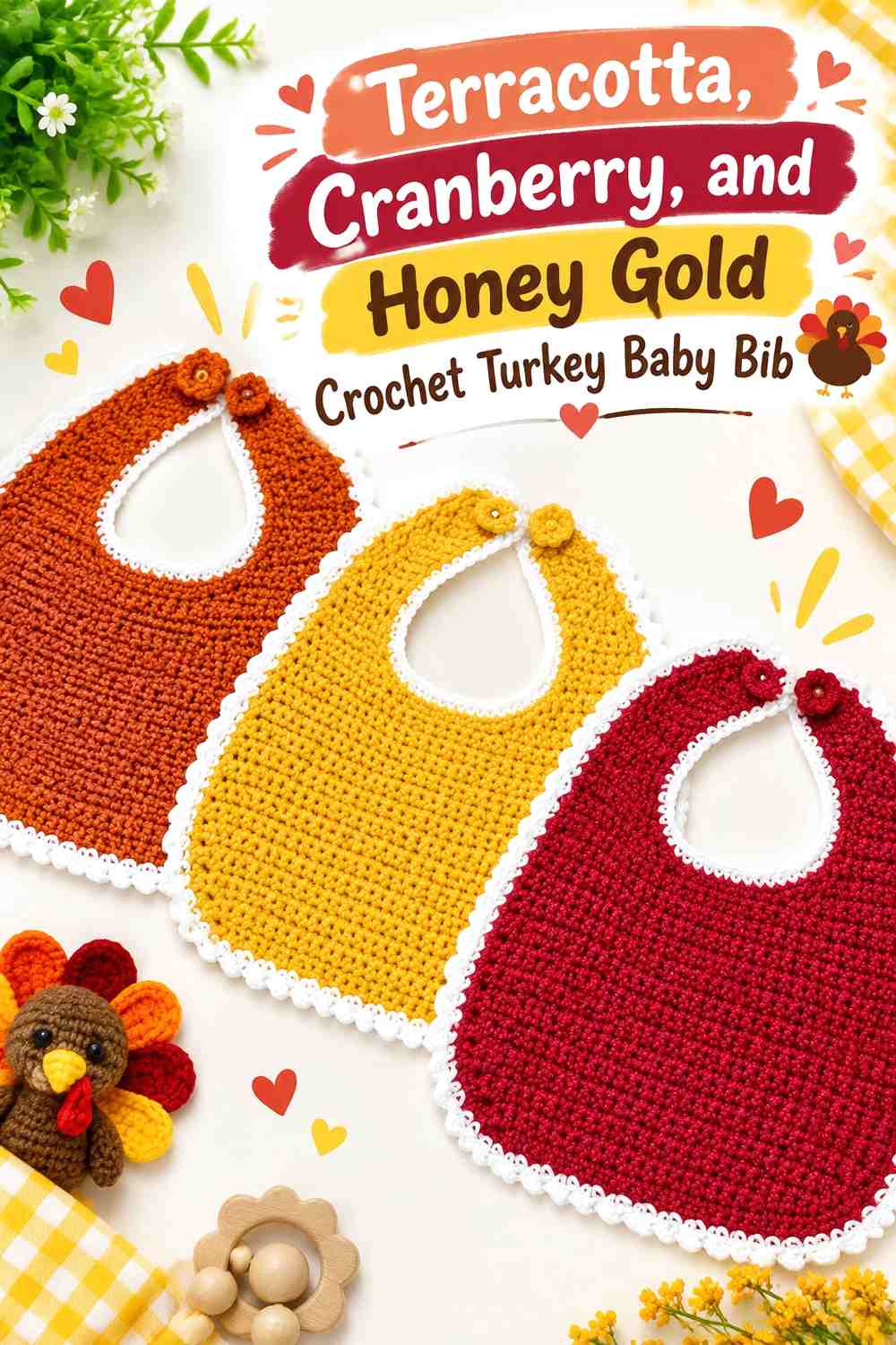 Terracotta, Cranberry, and Honey Gold Crochet Turkey Baby Bib