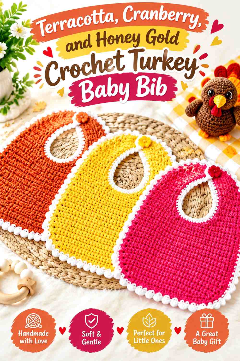 Terracotta, Cranberry, and Honey Gold Crochet Turkey Baby Bib