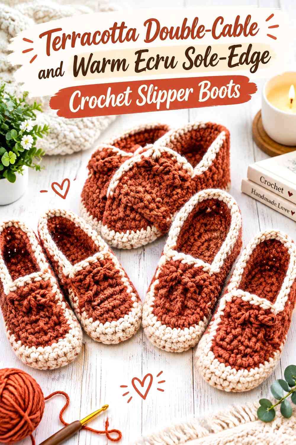 Terracotta Double-Cable and Warm Ecru Sole-Edge Crochet Slipper Boots