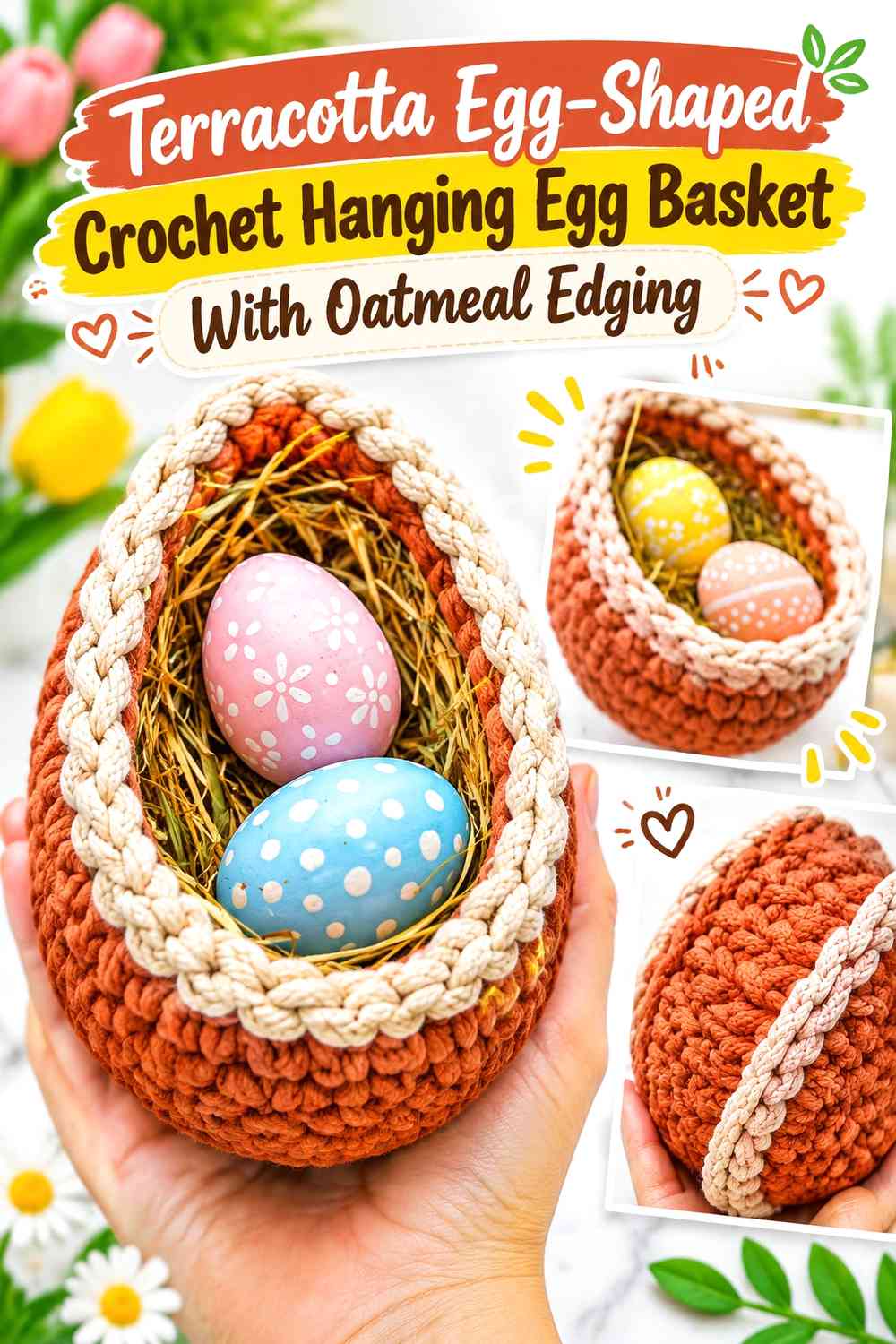 Terracotta Egg-Shaped Crochet Hanging Egg Basket With Oatmeal Edging