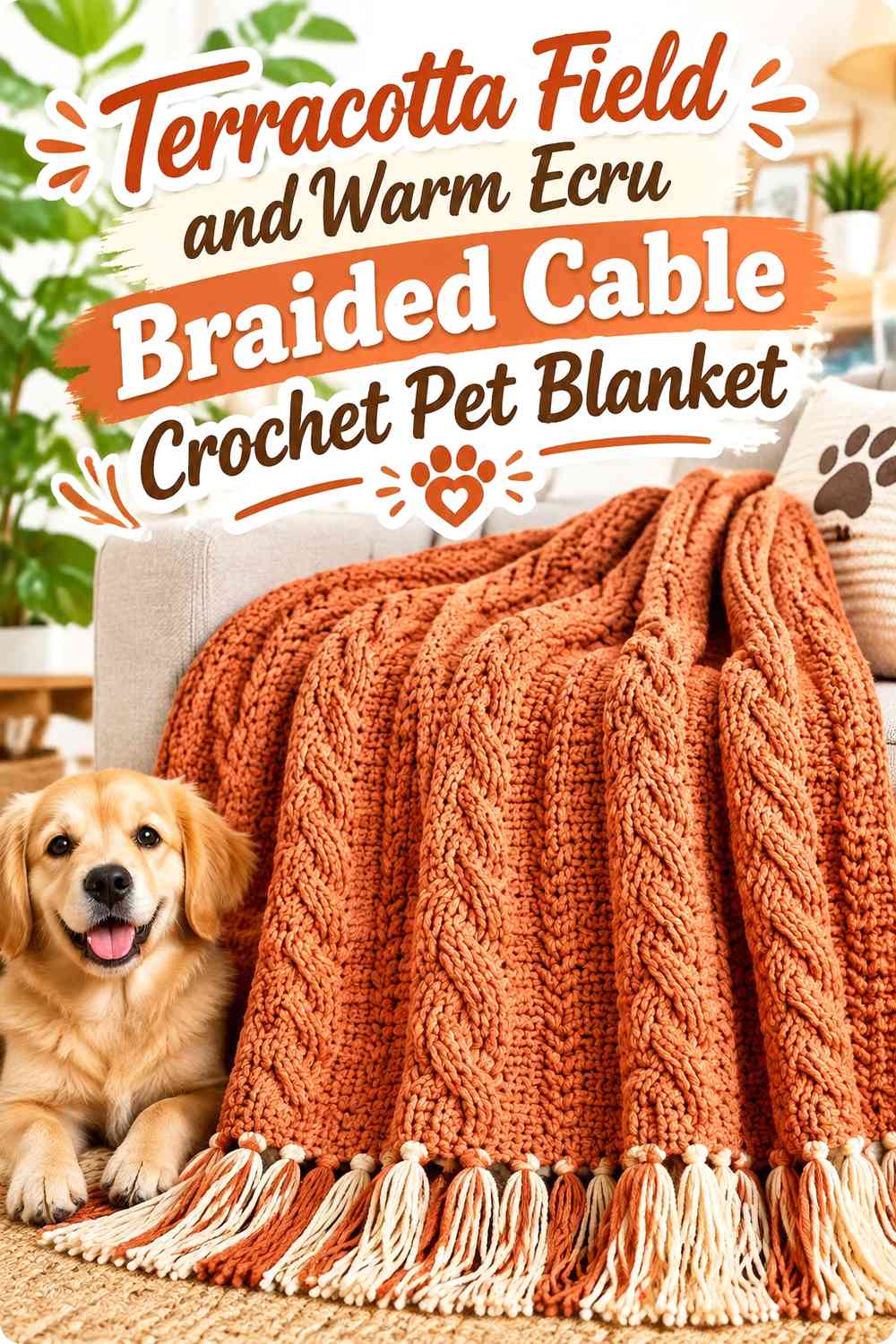 Terracotta Field and Warm Ecru Braided Cable Crochet Pet Blanket
