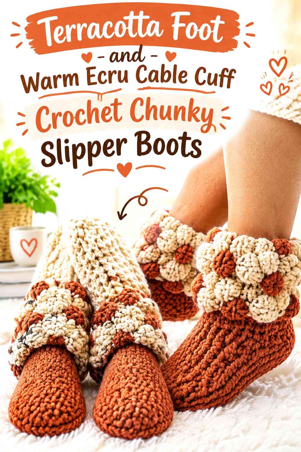 Terracotta Foot and Warm Ecru Cable Cuff Crochet Chunky Slipper Boots