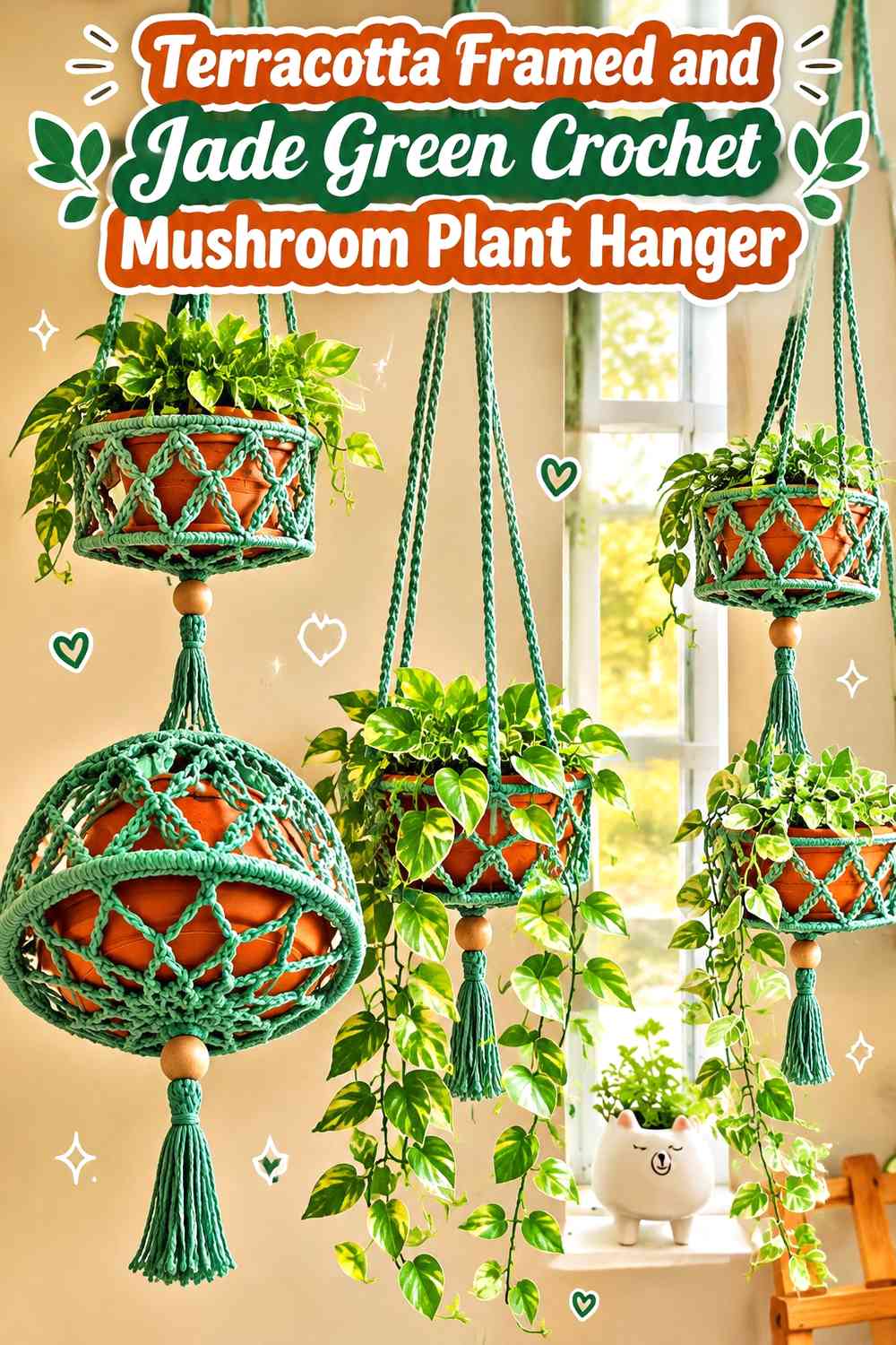 Terracotta Framed and Jade Green Crochet Mushroom Plant Hanger