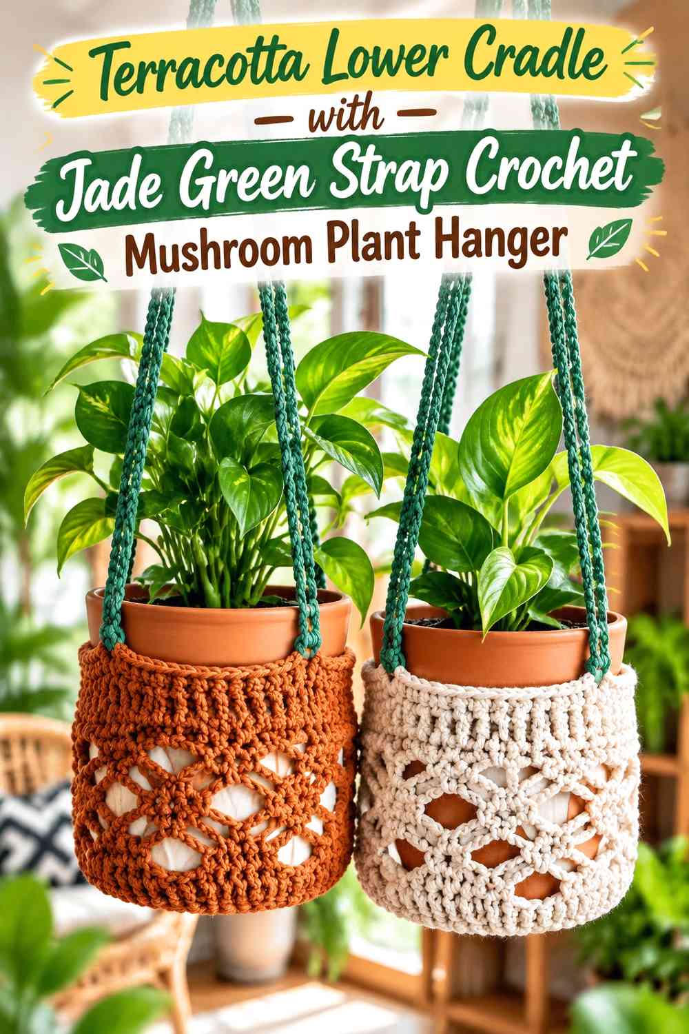 Terracotta Lower Cradle with Jade Green Strap Crochet Mushroom Plant Hanger