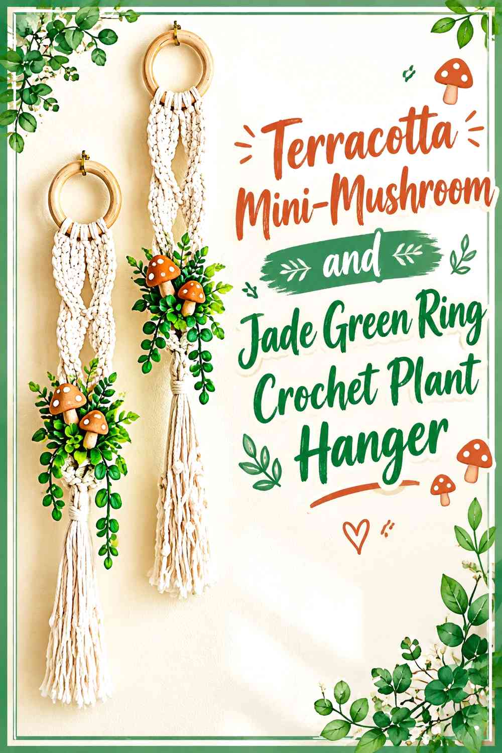 Terracotta Mini-Mushroom and Jade Green Ring Crochet Plant Hanger