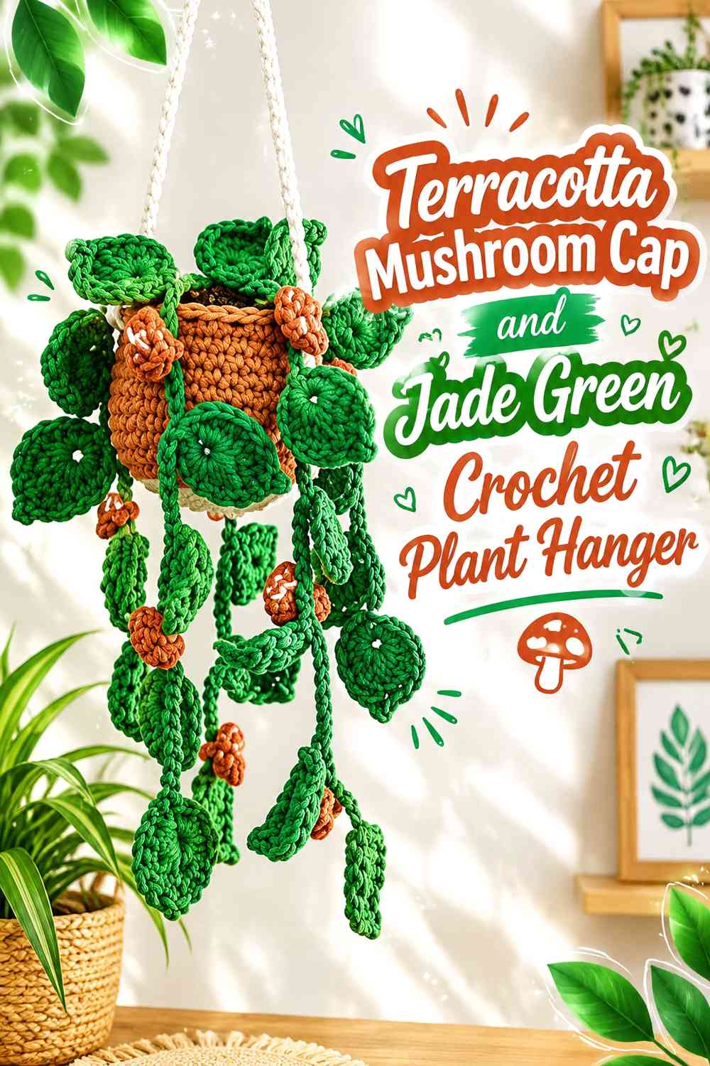 Terracotta Mushroom Cap and Jade Green Crochet Plant Hanger