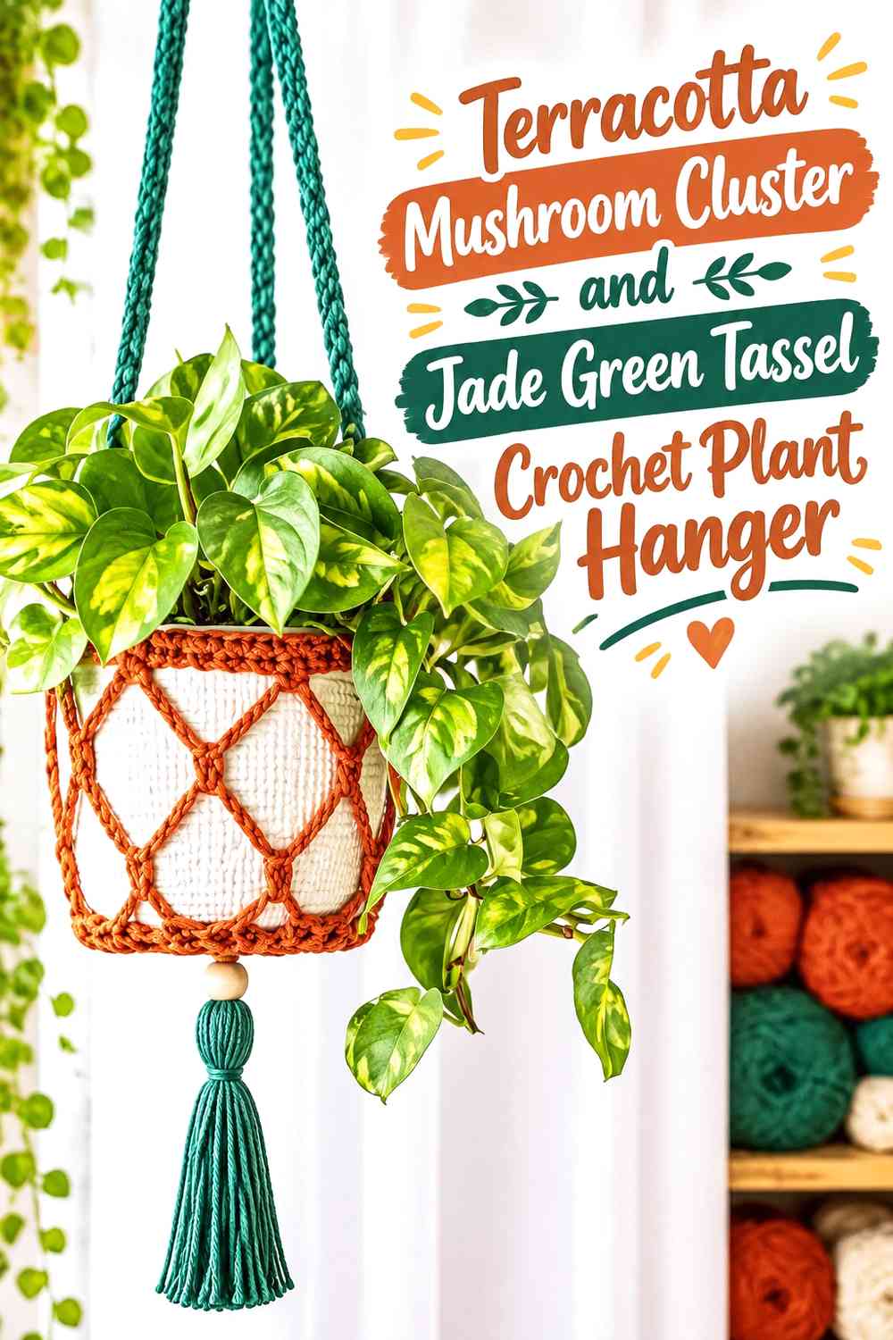 Terracotta Mushroom Cluster and Jade Green Tassel Crochet Plant Hanger
