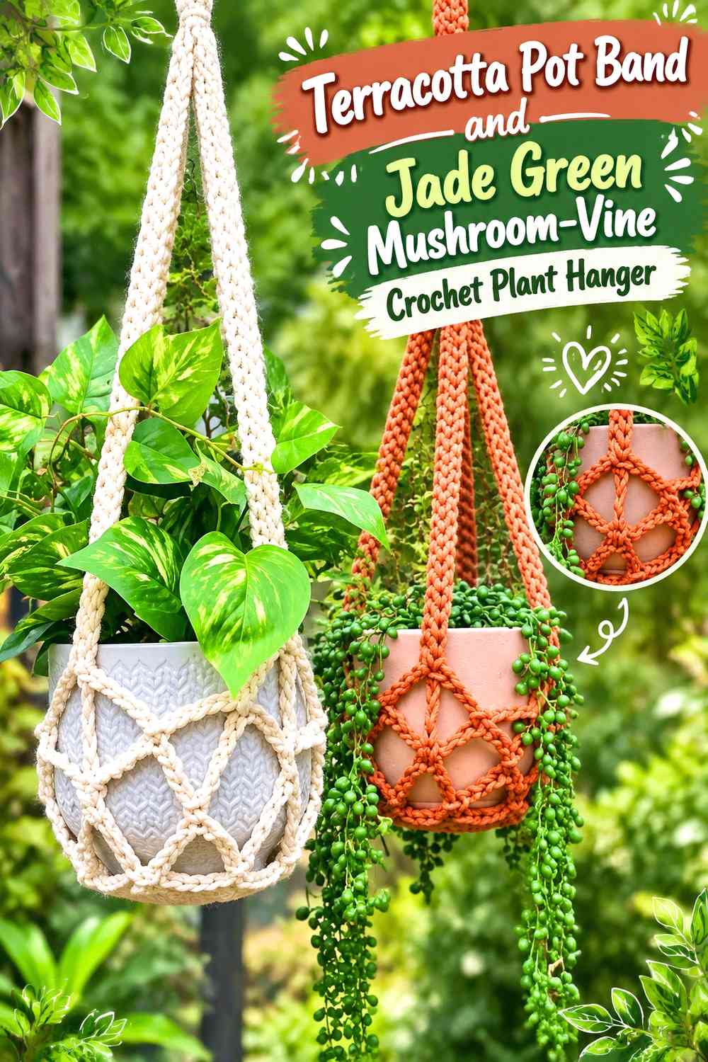 Terracotta Pot Band and Jade Green Mushroom-Vine Crochet Plant Hanger