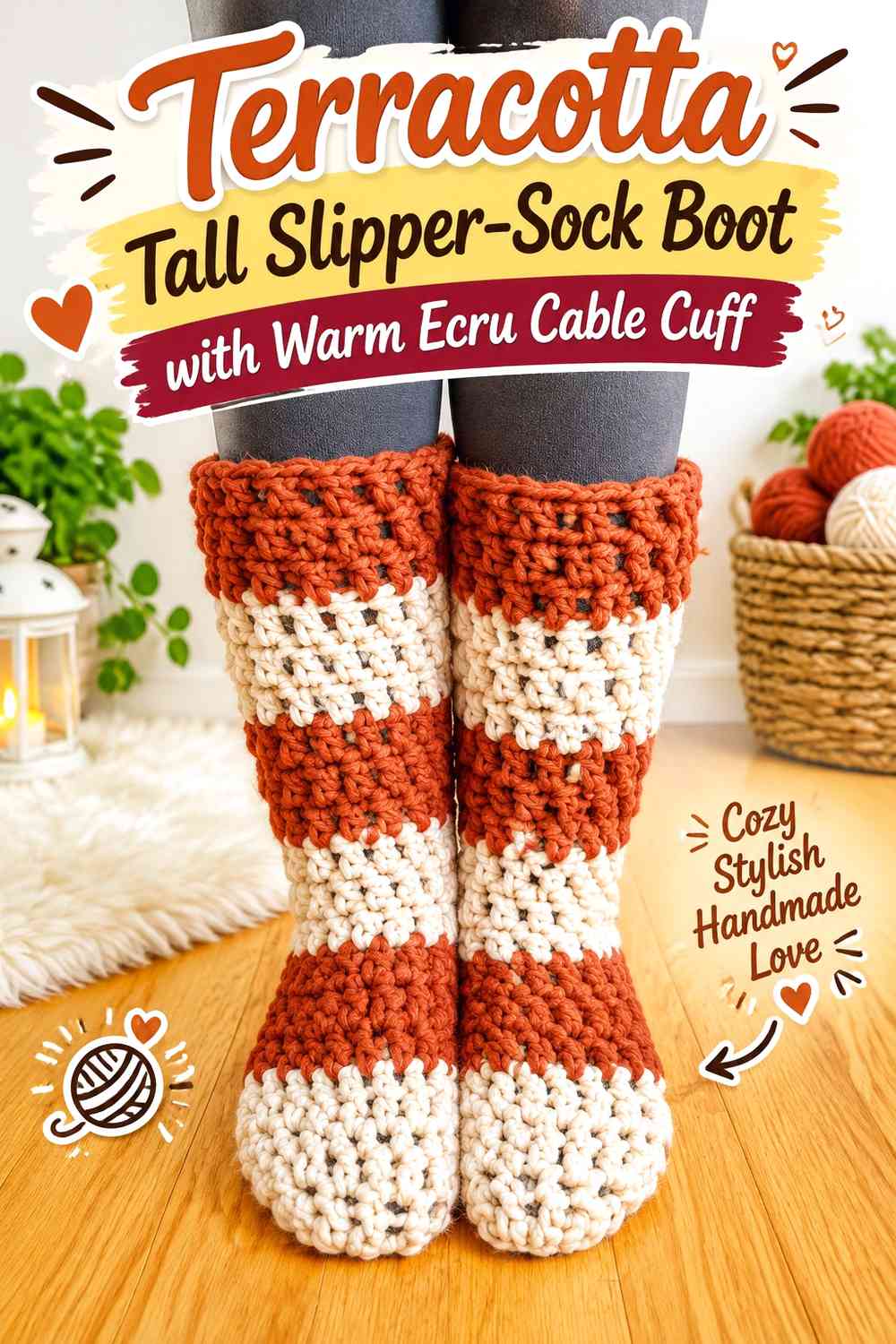 Terracotta Tall Slipper-Sock Boot with Warm Ecru Cable Cuff
