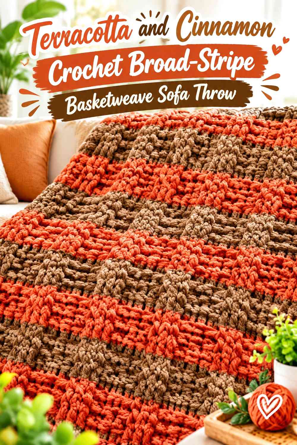 Terracotta and Cinnamon Crochet Broad-Stripe Basketweave Sofa Throw