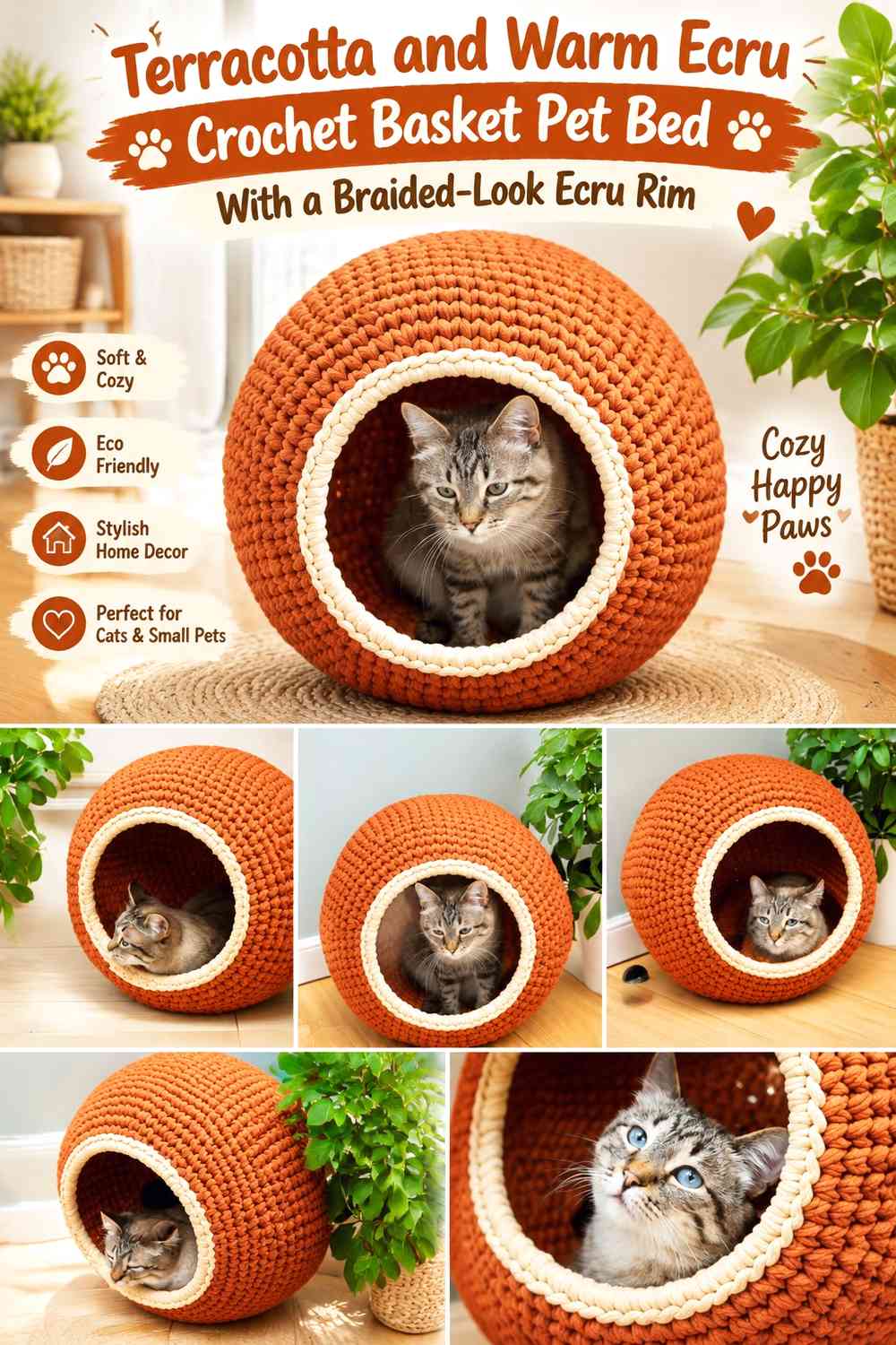 Terracotta and Warm Ecru Crochet Basket Pet Bed With a Braided-Look Ecru Rim