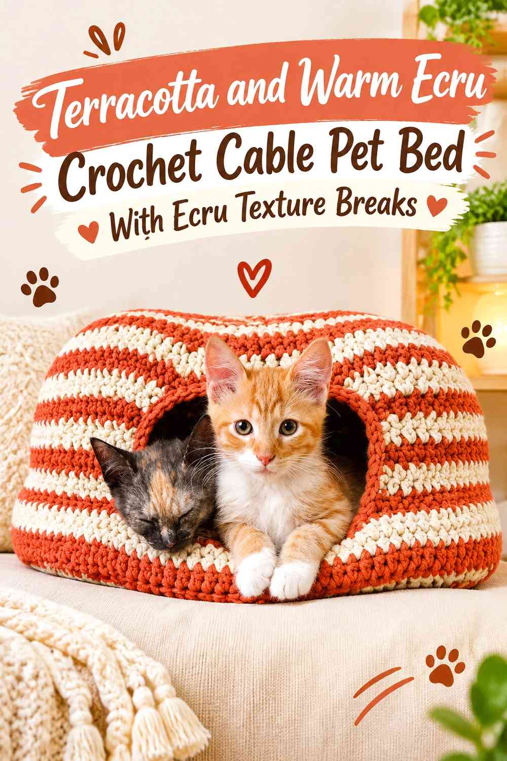 Terracotta and Warm Ecru Crochet Cable Pet Bed With Ecru Texture Breaks