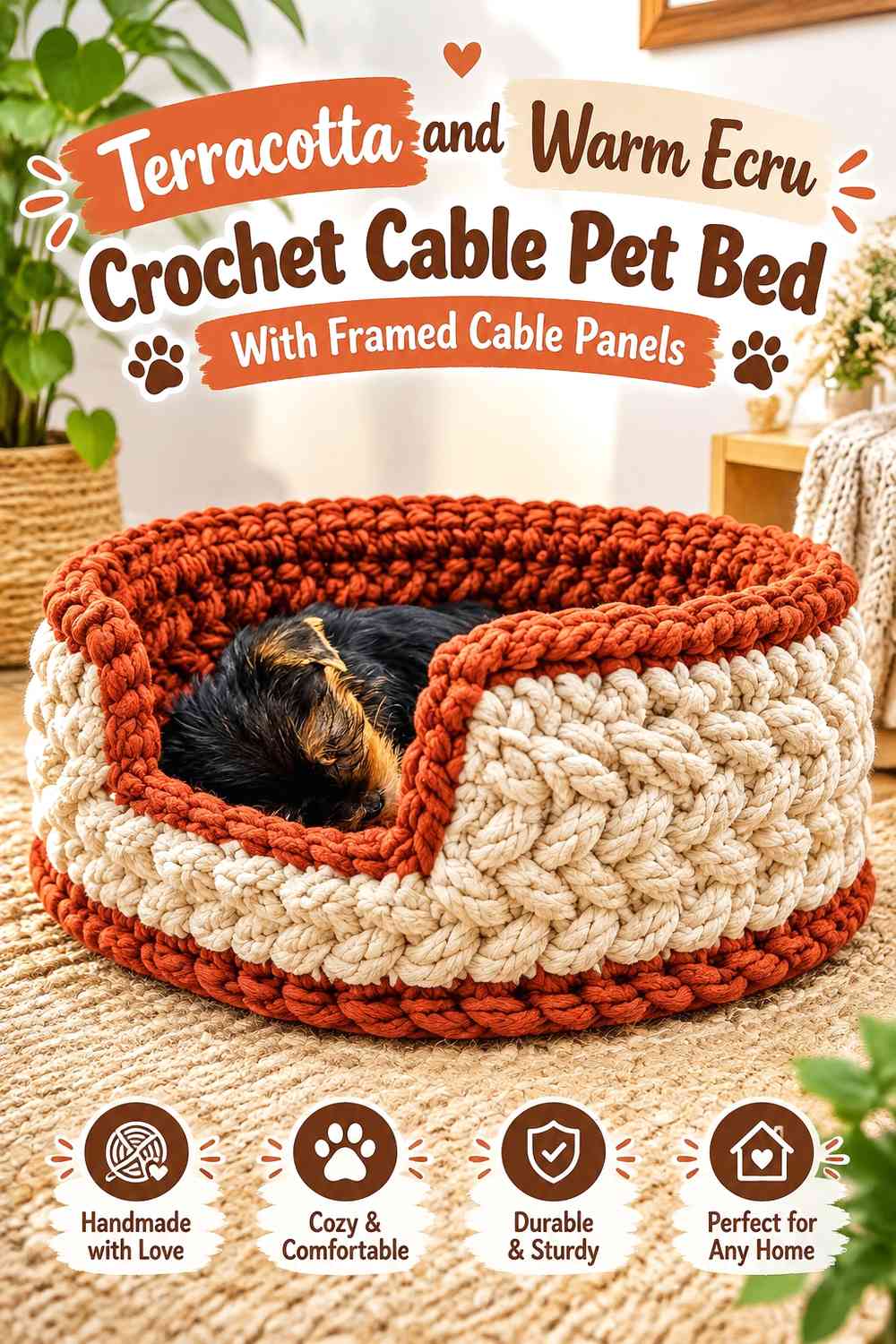 Terracotta and Warm Ecru Crochet Cable Pet Bed With Framed Cable Panels