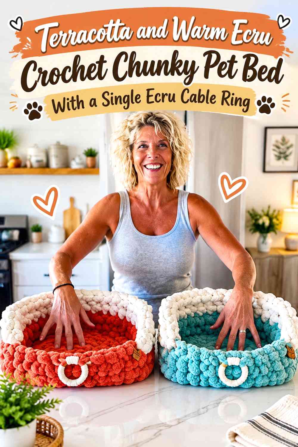 Terracotta and Warm Ecru Crochet Chunky Pet Bed With a Single Ecru Cable Ring