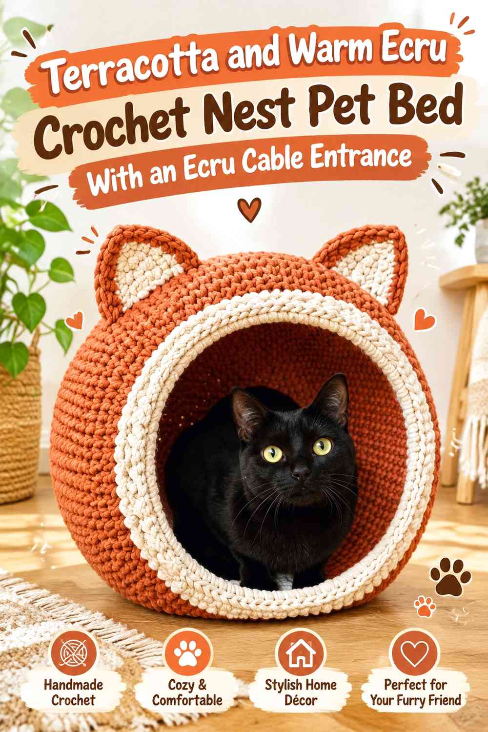 Terracotta and Warm Ecru Crochet Nest Pet Bed With an Ecru Cable Entrance