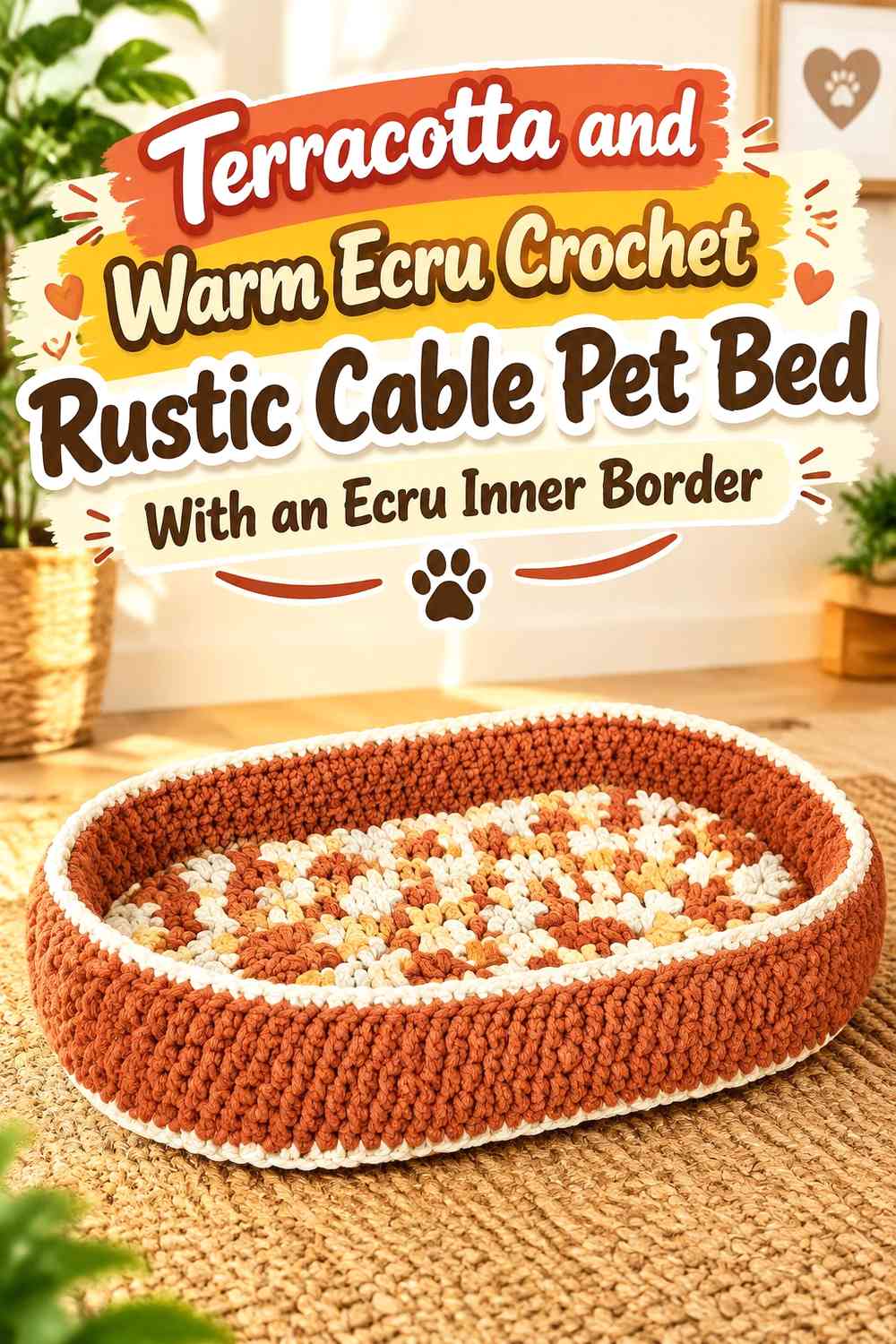 Terracotta and Warm Ecru Crochet Rustic Cable Pet Bed With an Ecru Inner Border