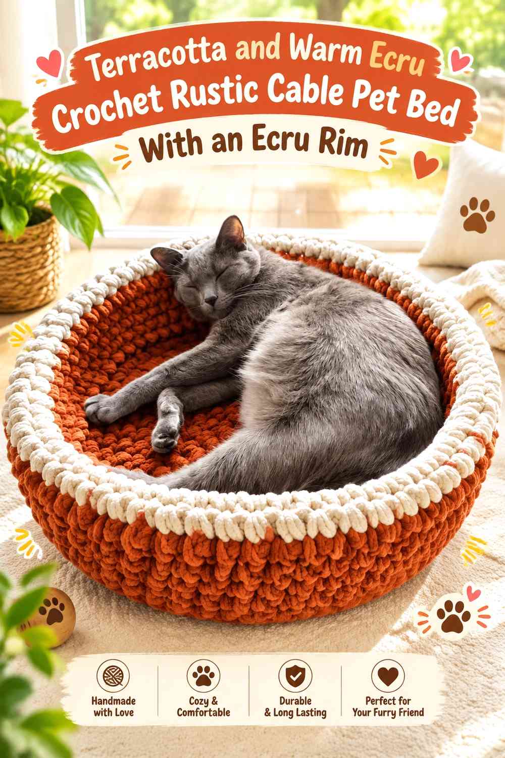 Terracotta and Warm Ecru Crochet Rustic Cable Pet Bed With an Ecru Rim