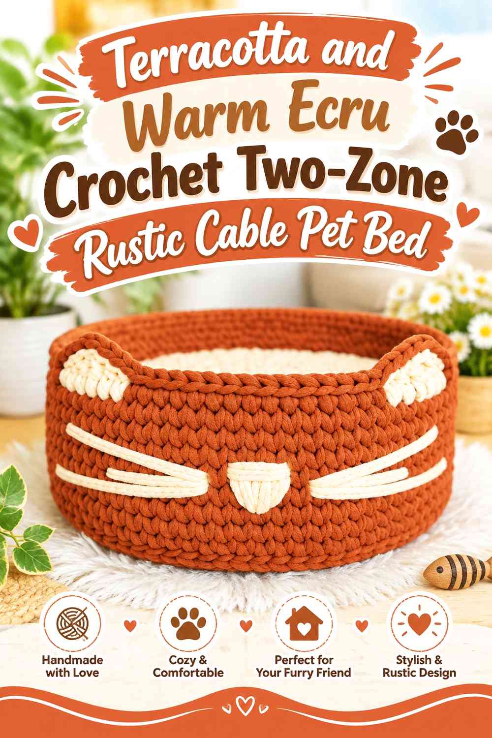 Terracotta and Warm Ecru Crochet Two-Zone Rustic Cable Pet Bed