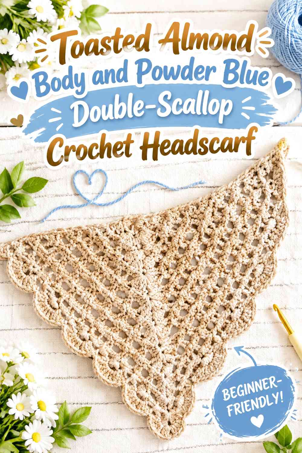 Toasted Almond Body and Powder Blue Double-Scallop Crochet Headscarf