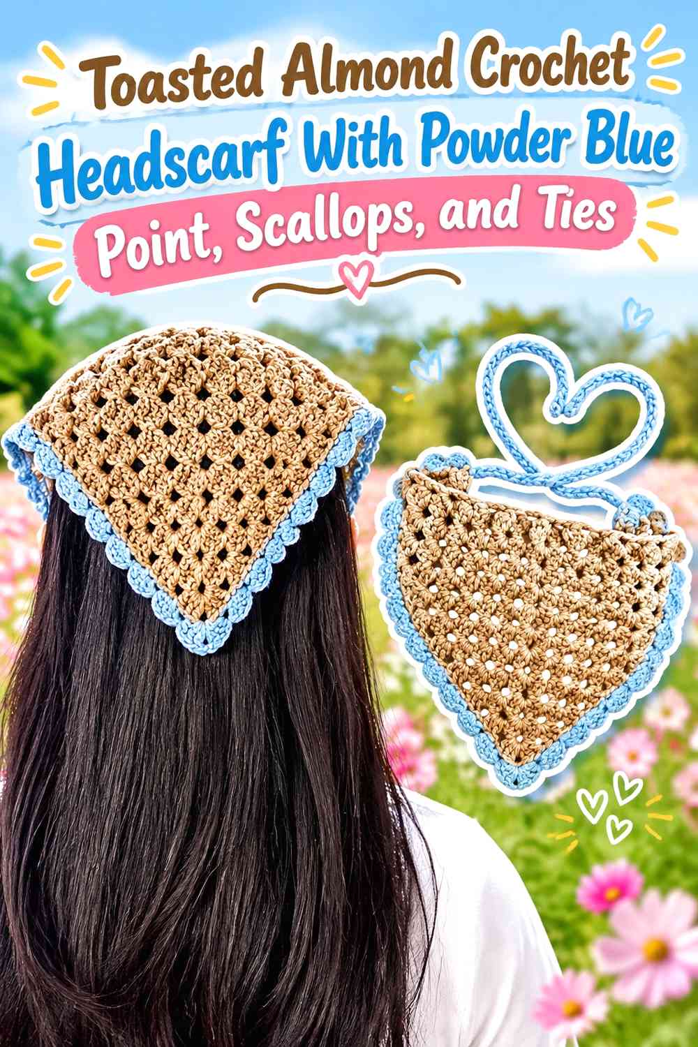 Toasted Almond Crochet Headscarf With Powder Blue Point, Scallops, and Ties