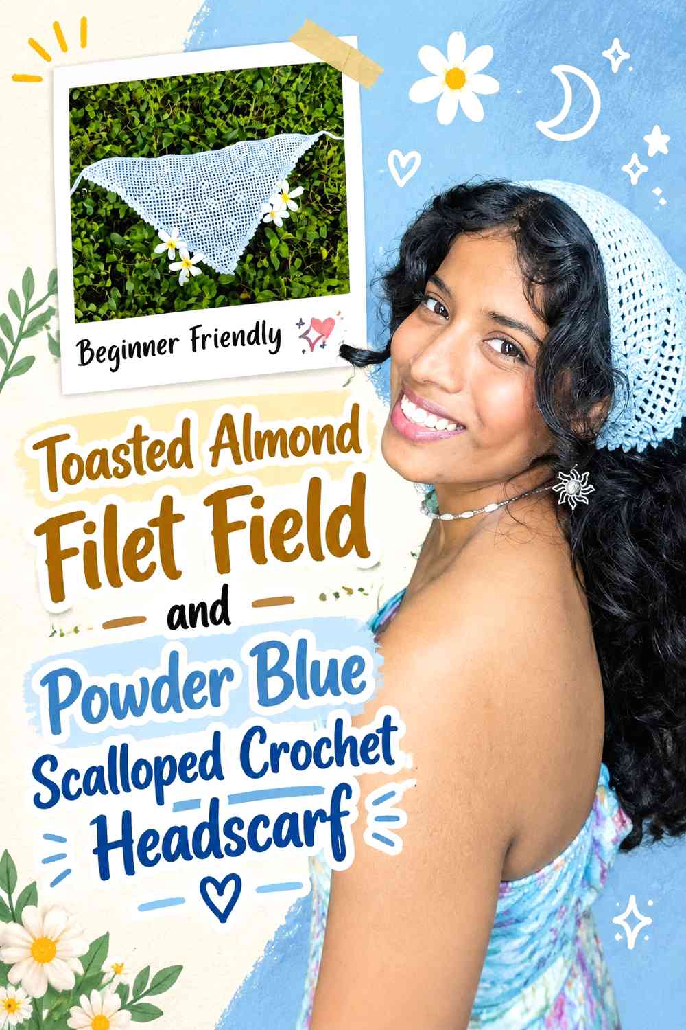 Toasted Almond Filet Field and Powder Blue Scalloped Crochet Headscarf
