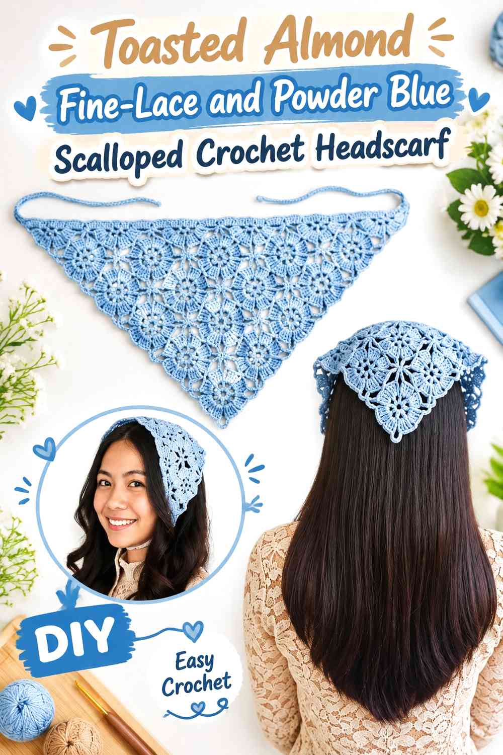 Toasted Almond Fine-Lace and Powder Blue Scalloped Crochet Headscarf