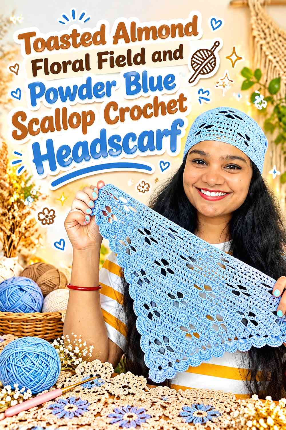Toasted Almond Floral Field and Powder Blue Scallop Crochet Headscarf