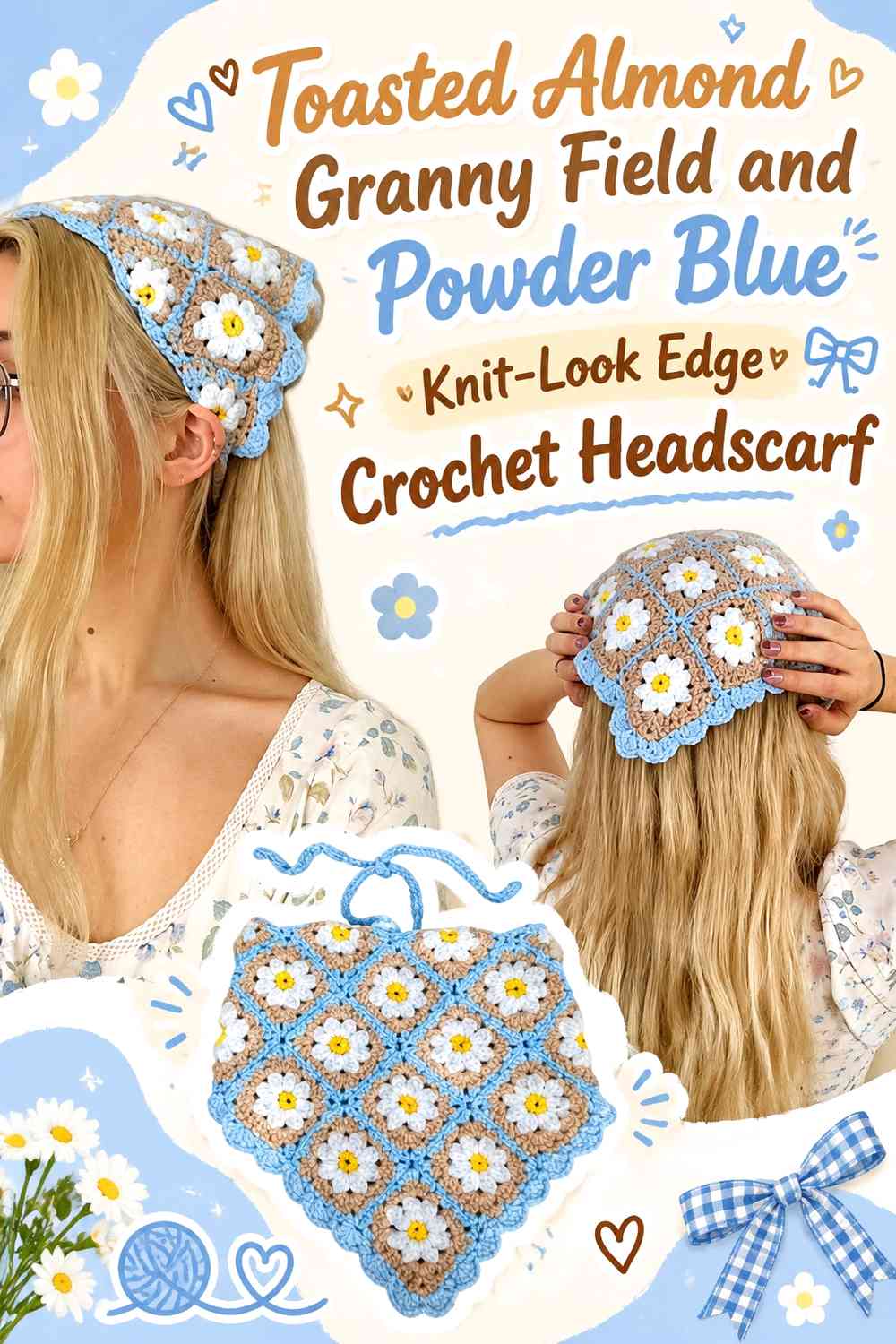 Toasted Almond Granny Field and Powder Blue Knit-Look Edge Crochet Headscarf