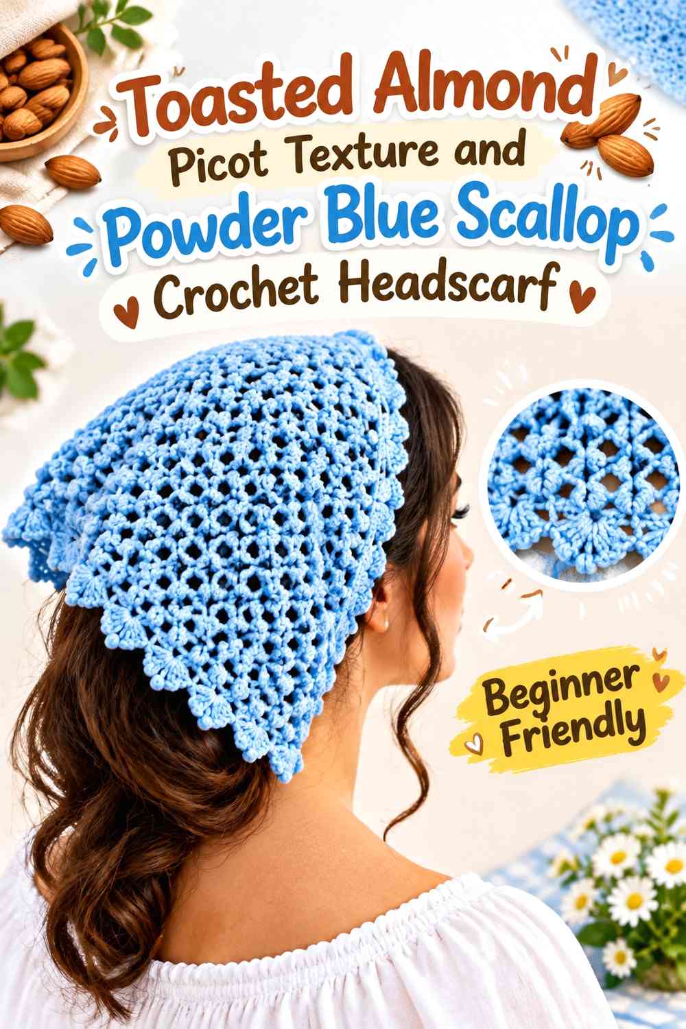 Toasted Almond Picot Texture and Powder Blue Scallop Crochet Headscarf
