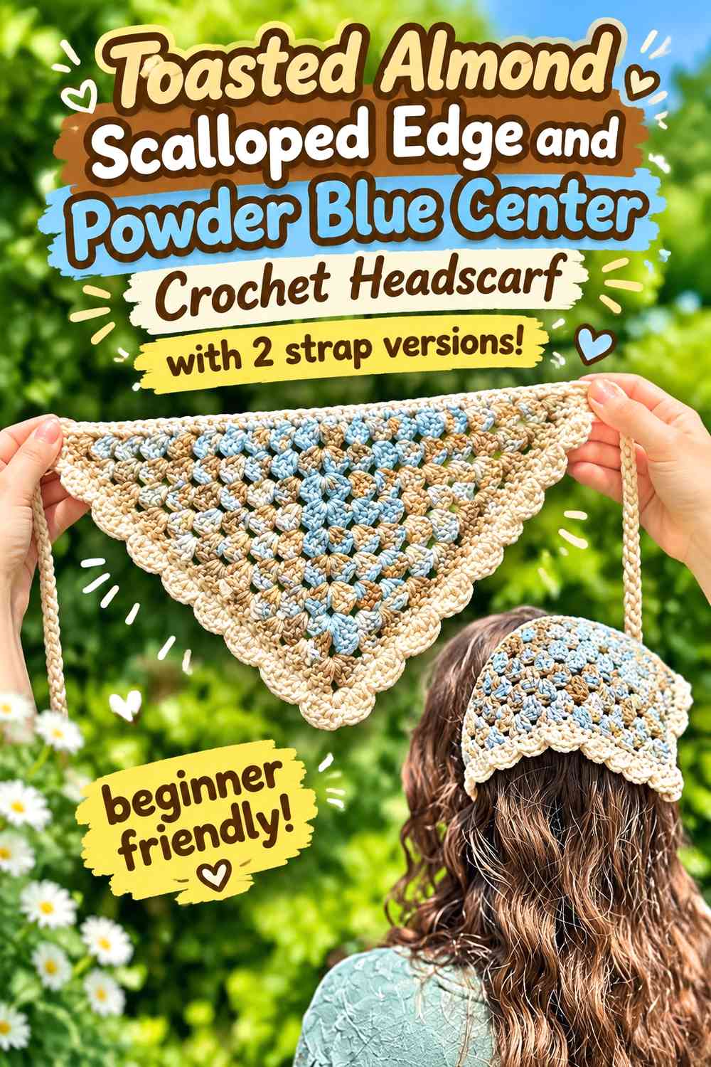 Toasted Almond Scalloped Edge and Powder Blue Center Crochet Headscarf