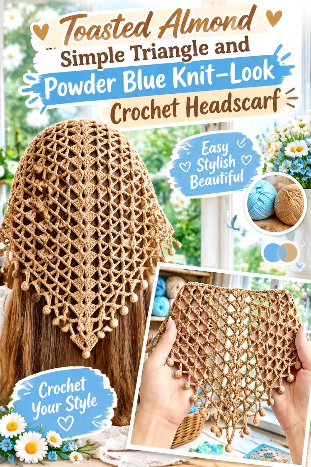 Toasted Almond Simple Triangle and Powder Blue Knit-Look Crochet Headscarf
