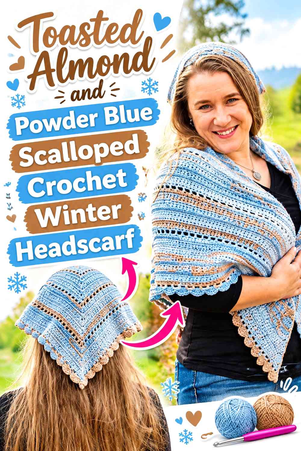 Toasted Almond and Powder Blue Scalloped Crochet Winter Headscarf