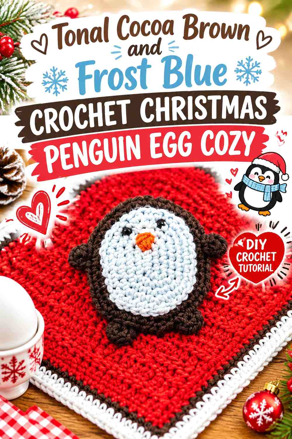 Tonal Cocoa Brown and Frost Blue Crochet Christmas Penguin Egg Cozy