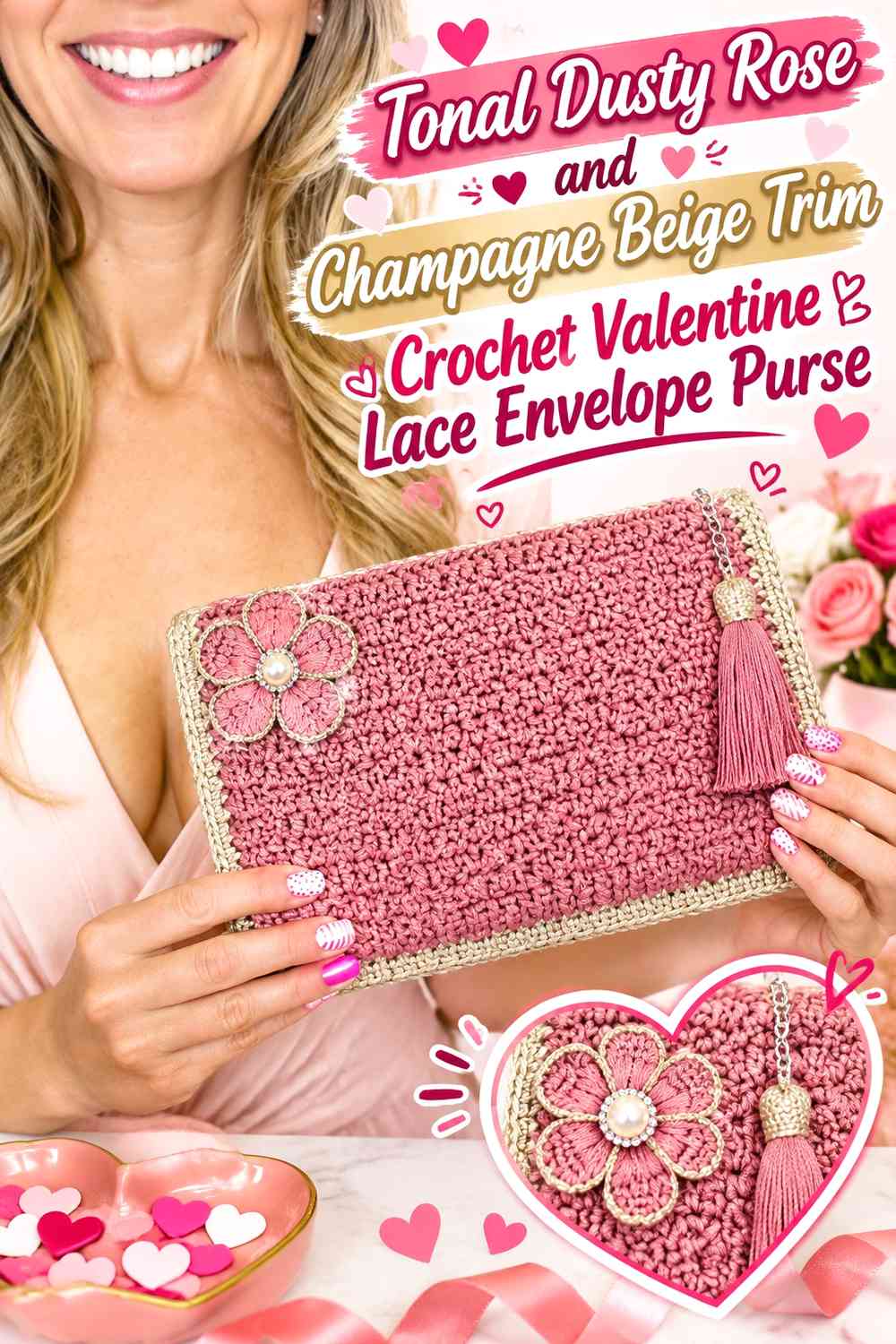 Tonal Dusty Rose and Champagne Beige Trim Crochet Valentine Lace Envelope Purse