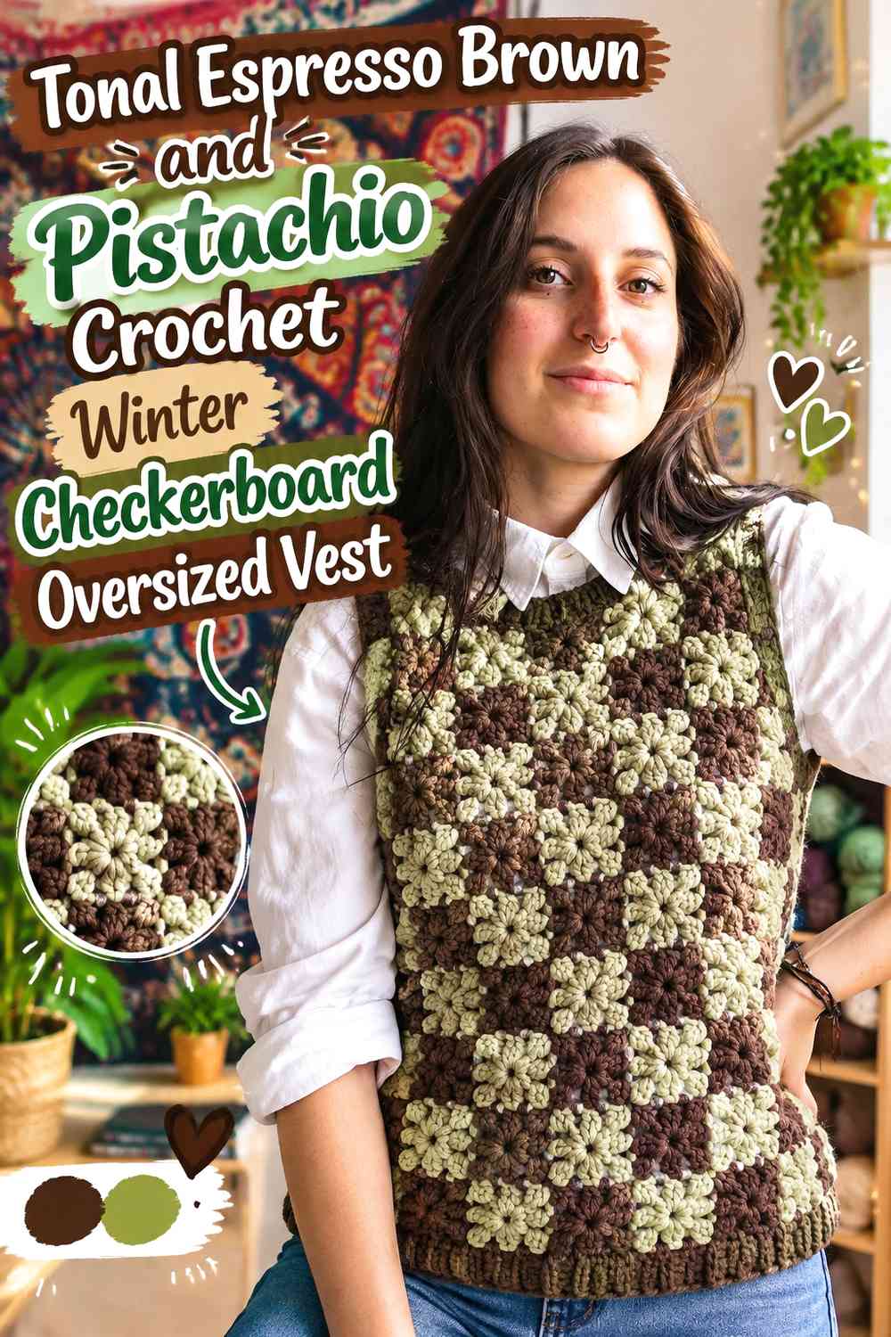Tonal Espresso Brown and Pistachio Crochet Winter Checkerboard Oversized Vest