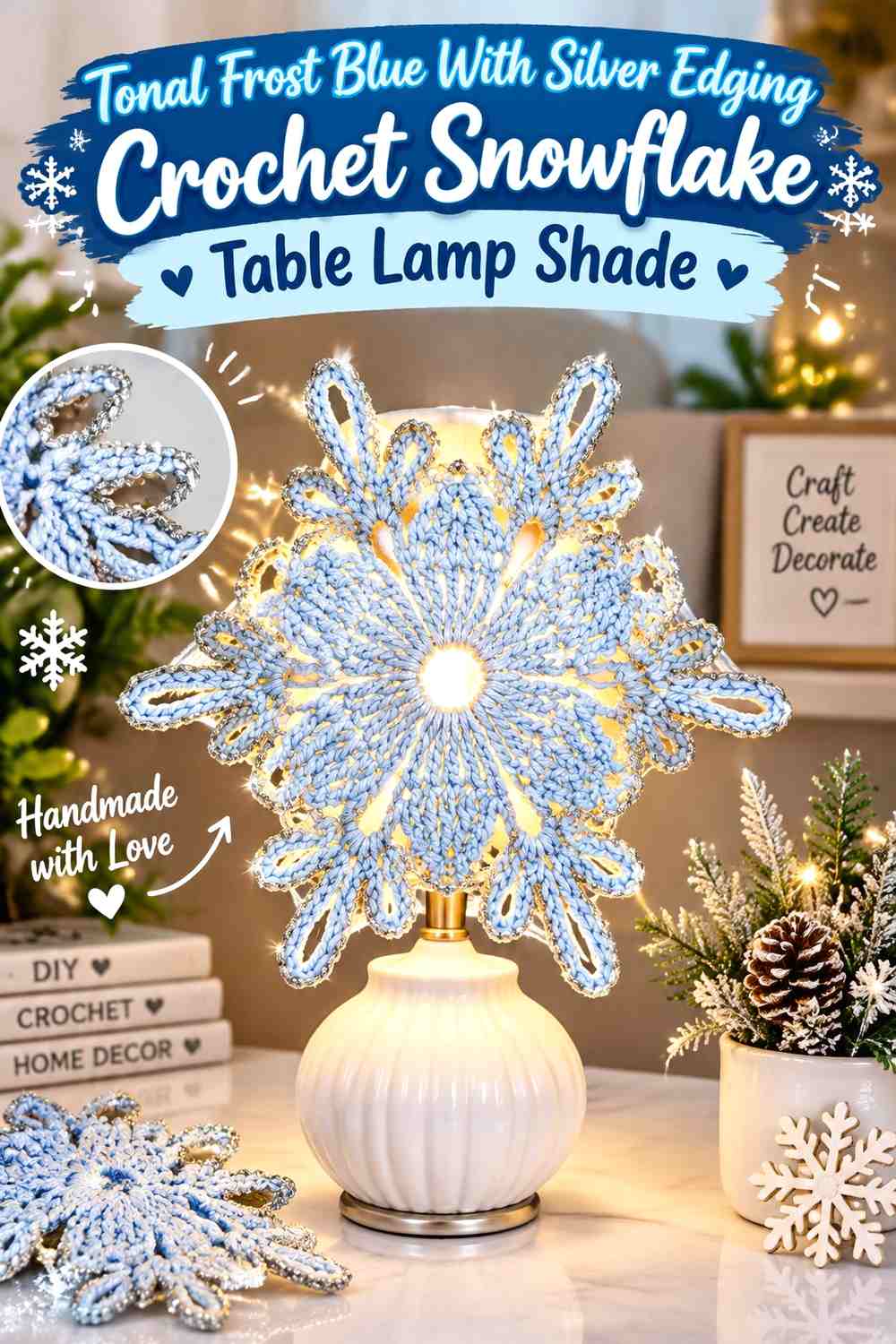 Tonal Frost Blue With Silver Edging Crochet Snowflake Table Lamp Shade