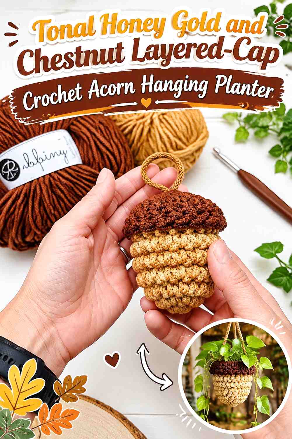 Tonal Honey Gold and Chestnut Layered-Cap Crochet Acorn Hanging Planter