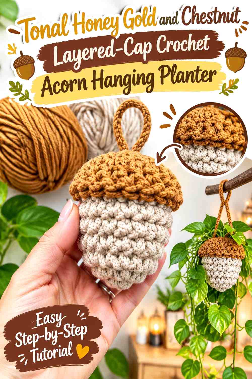 Tonal Honey Gold and Chestnut Layered-Cap Crochet Acorn Hanging Planter
