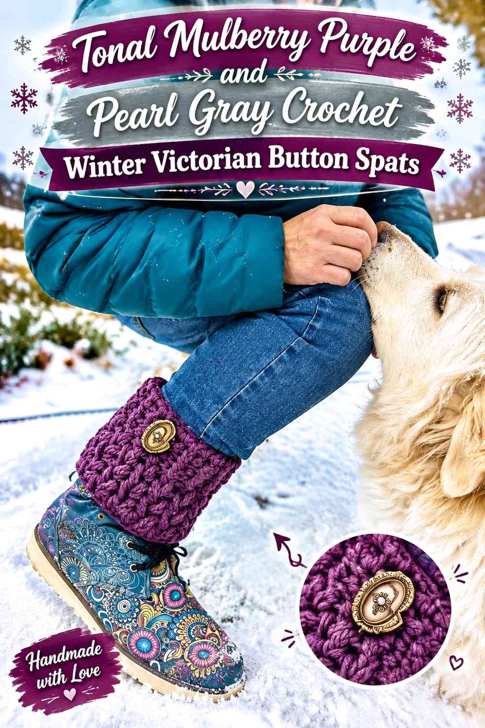 Tonal Mulberry Purple and Pearl Gray Crochet Winter Victorian Button Spats