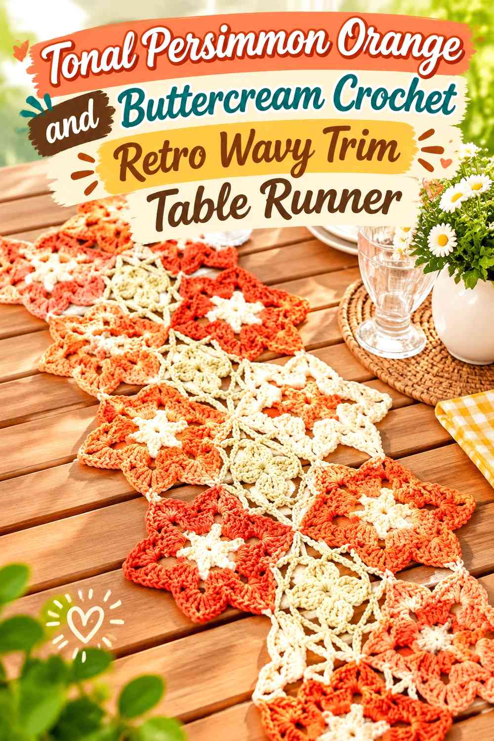 Tonal Persimmon Orange and Buttercream Crochet Retro Wavy Trim Table Runner