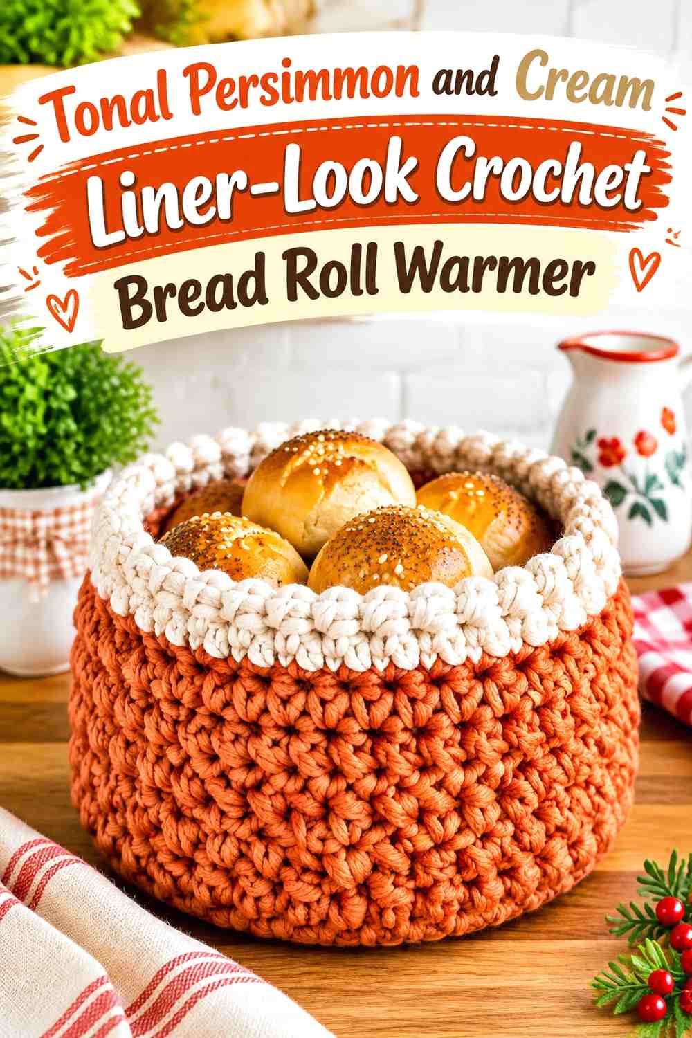Tonal Persimmon and Cream Liner-Look Crochet Bread Roll Warmer