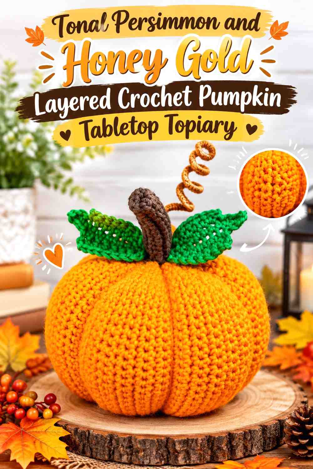 Tonal Persimmon and Honey Gold Layered Crochet Pumpkin Tabletop Topiary