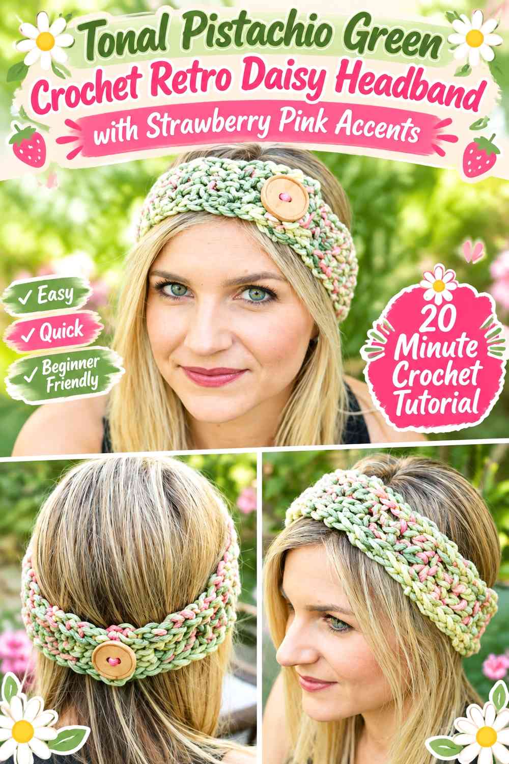 Tonal Pistachio Green Crochet Retro Daisy Headband with Strawberry Pink Accents