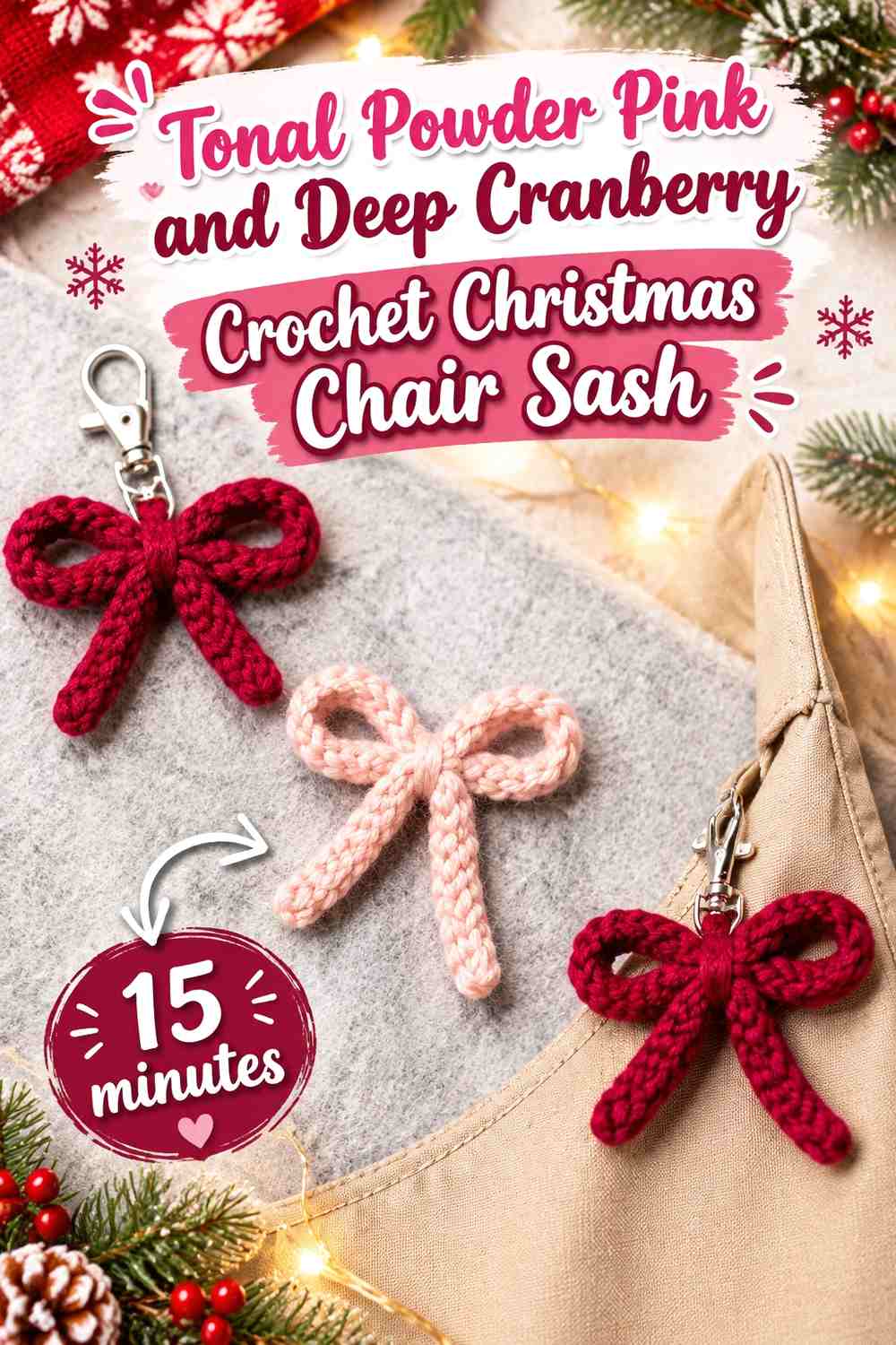 Tonal Powder Pink and Deep Cranberry Crochet Christmas Chair Sash