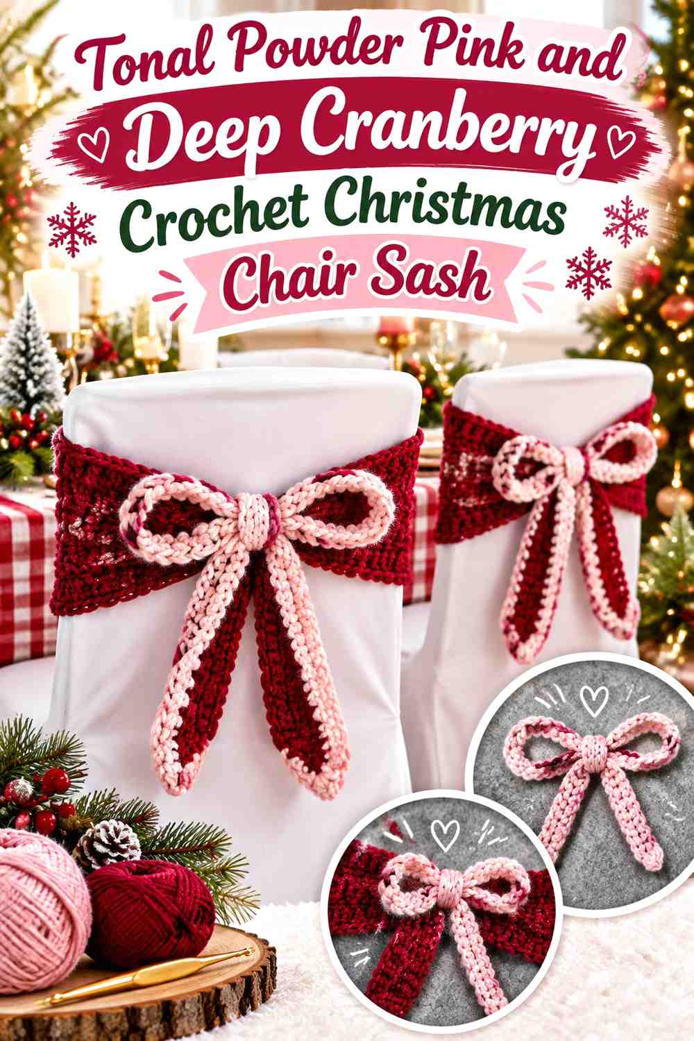 Tonal Powder Pink and Deep Cranberry Crochet Christmas Chair Sash