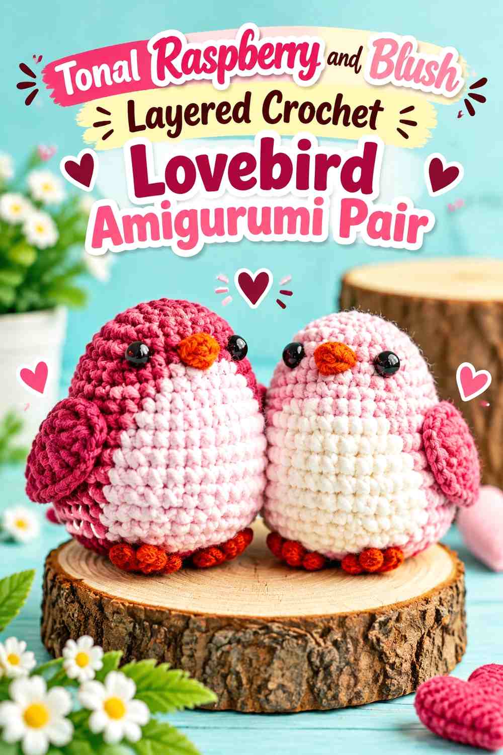 Tonal Raspberry and Blush Layered Crochet Lovebird Amigurumi Pair