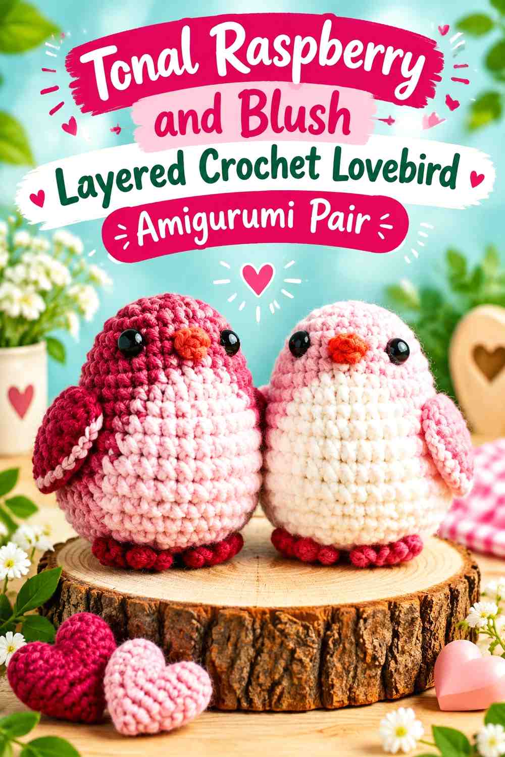 Tonal Raspberry and Blush Layered Crochet Lovebird Amigurumi Pair