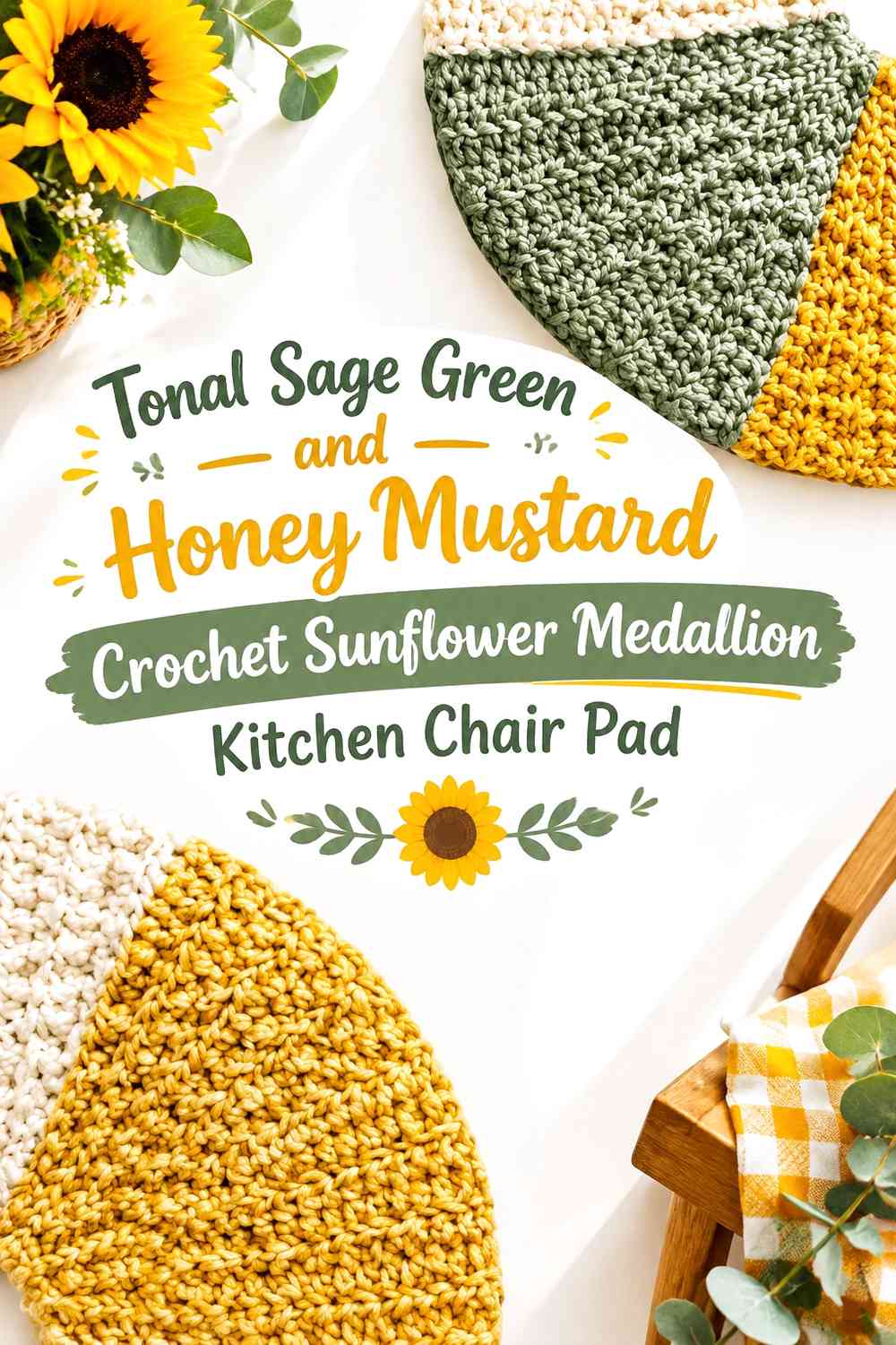 Tonal Sage Green and Honey Mustard Crochet Sunflower Medallion Kitchen Chair Pad