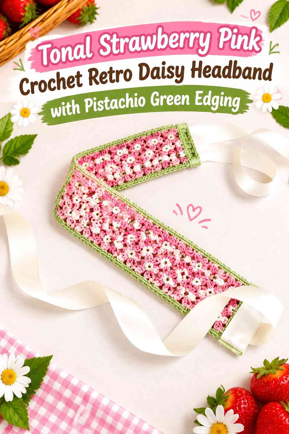 Tonal Strawberry Pink Crochet Retro Daisy Headband with Pistachio Green Edging