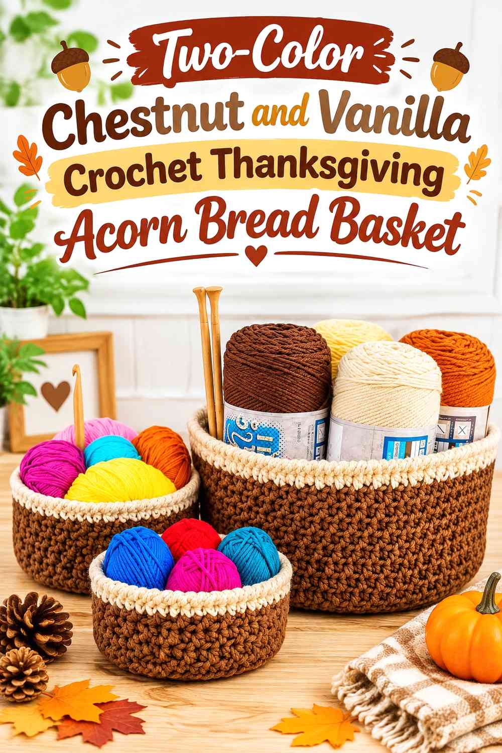 Two-Color Chestnut and Vanilla Crochet Thanksgiving Acorn Bread Basket